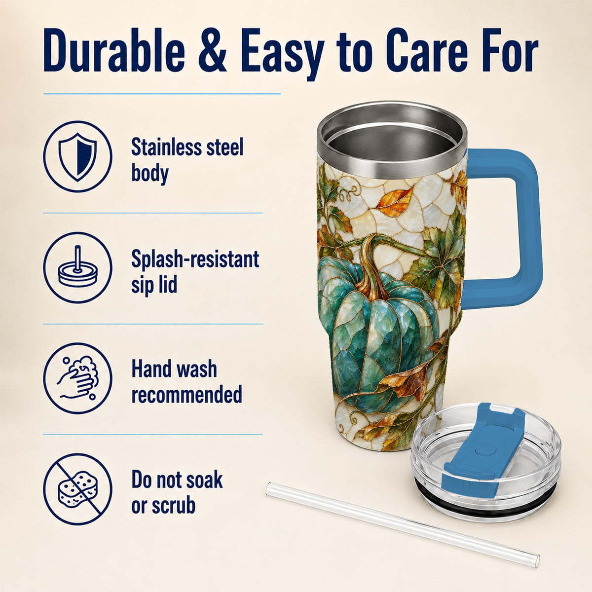 #pl[40oz|Blue] Mosaic Pumpkin 40oz Tumbler with Handle, Fall Stainless Steel Travel Cup