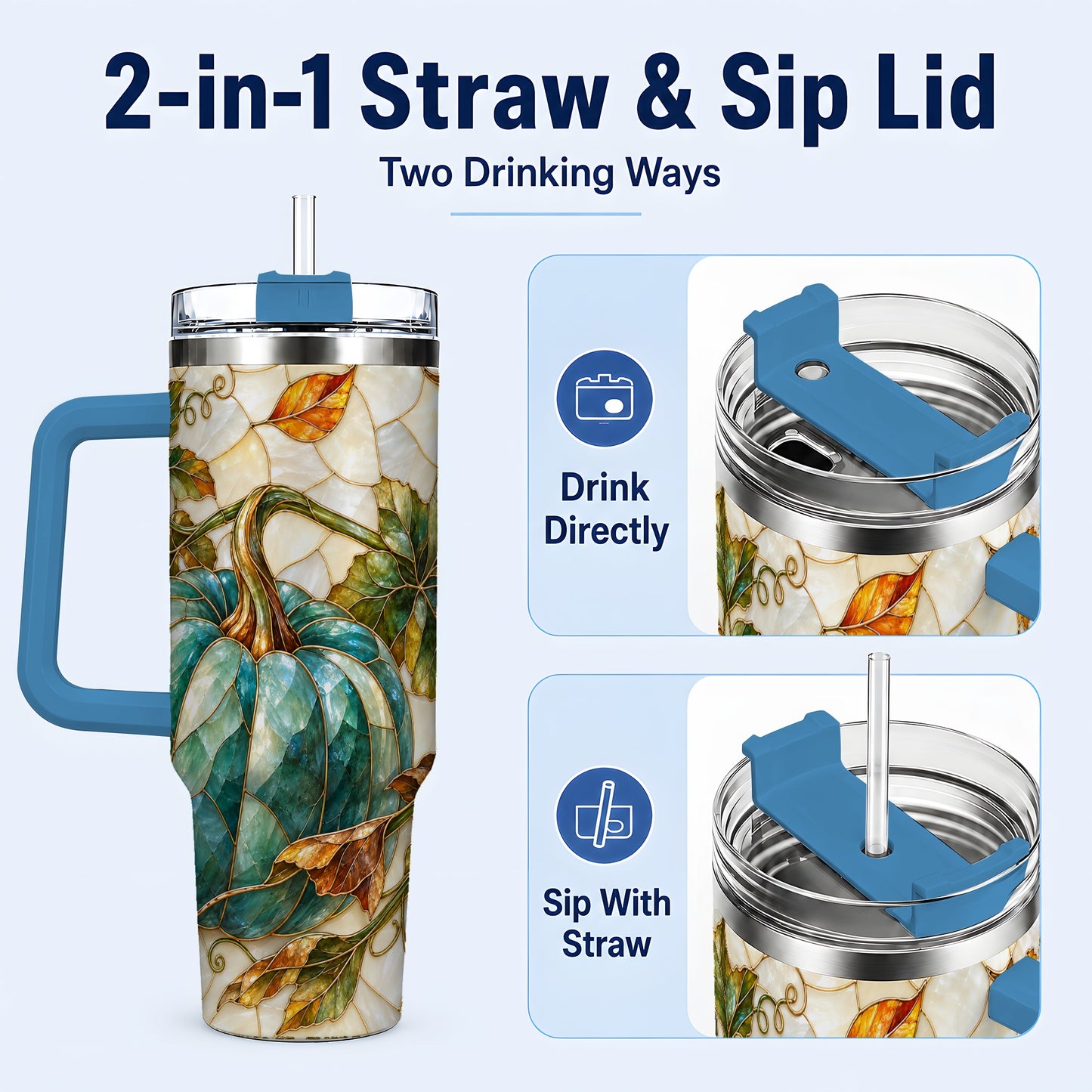 #pl[40oz|Blue] Mosaic Pumpkin 40oz Tumbler with Handle, Fall Stainless Steel Travel Cup