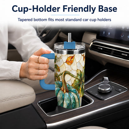 #pl[40oz|Blue] Mosaic Pumpkin 40oz Tumbler with Handle, Fall Stainless Steel Travel Cup