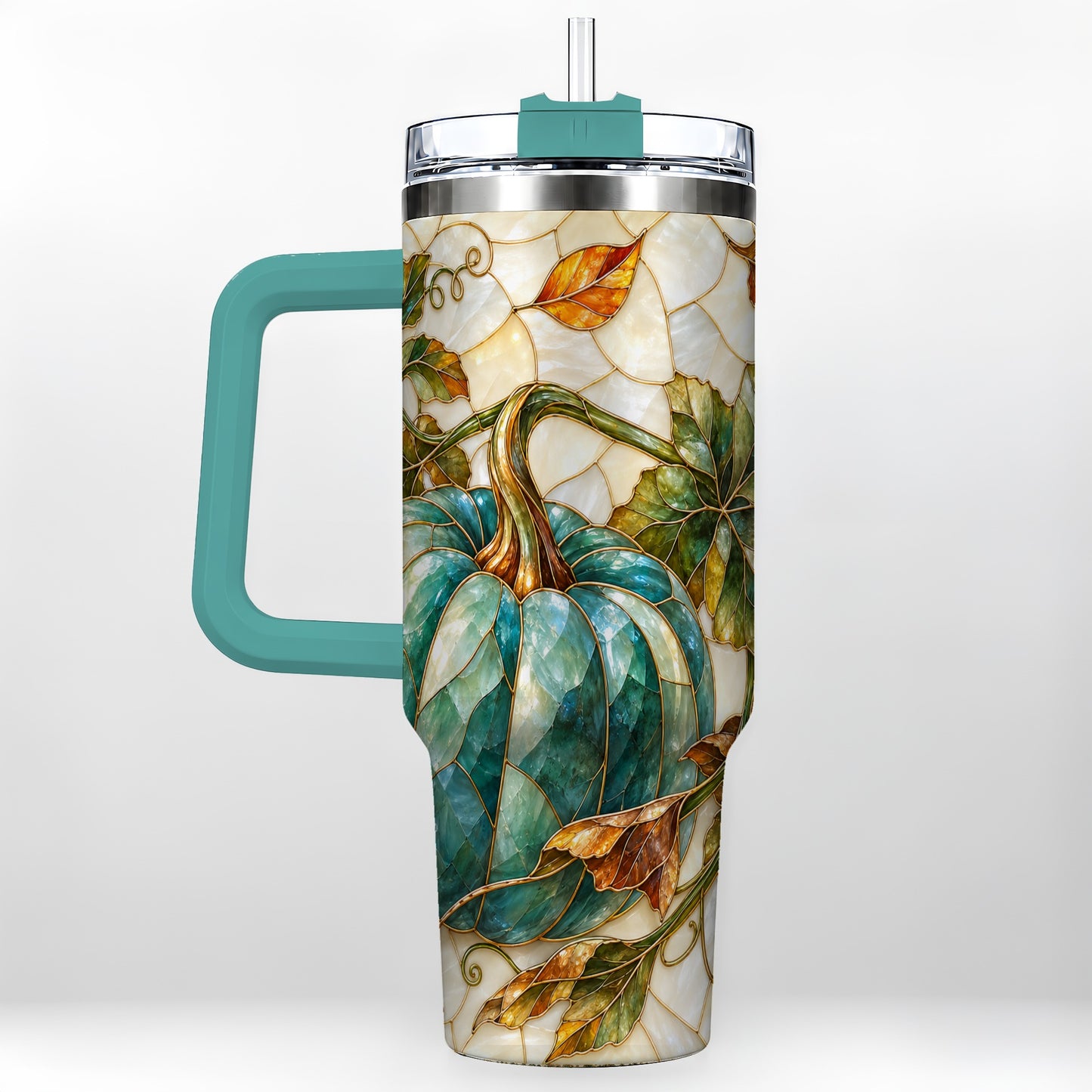 #pl[40oz|Green] Mosaic Pumpkin 40oz Tumbler with Handle, Fall Stainless Steel Travel Cup
