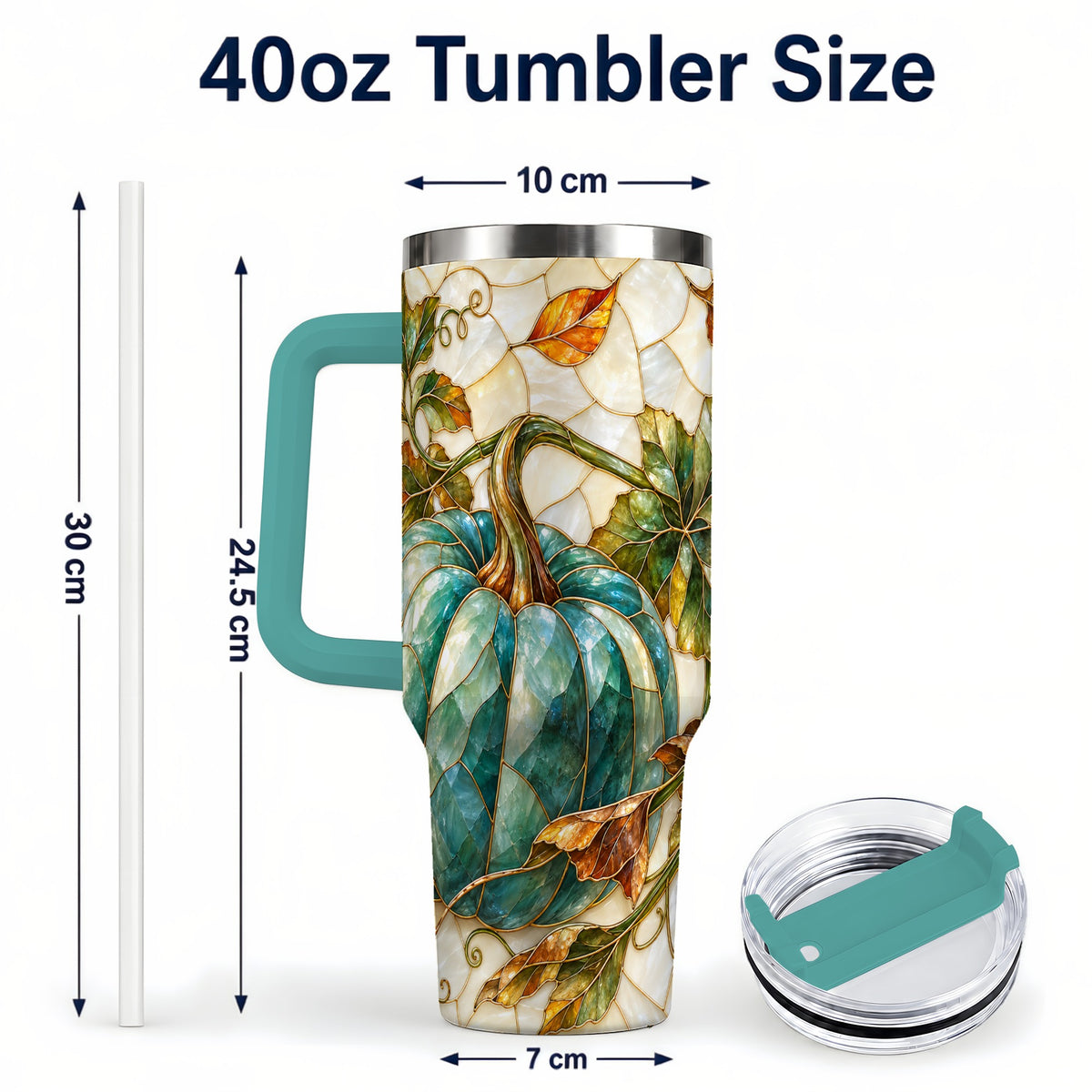 #pl[40oz|Green] Mosaic Pumpkin 40oz Tumbler with Handle, Fall Stainless Steel Travel Cup