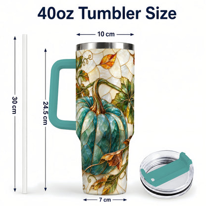 #pl[40oz|Green] Mosaic Pumpkin 40oz Tumbler with Handle, Fall Stainless Steel Travel Cup