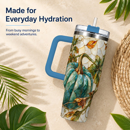 #pl[40oz|Blue] Mosaic Pumpkin 40oz Tumbler with Handle, Fall Stainless Steel Travel Cup