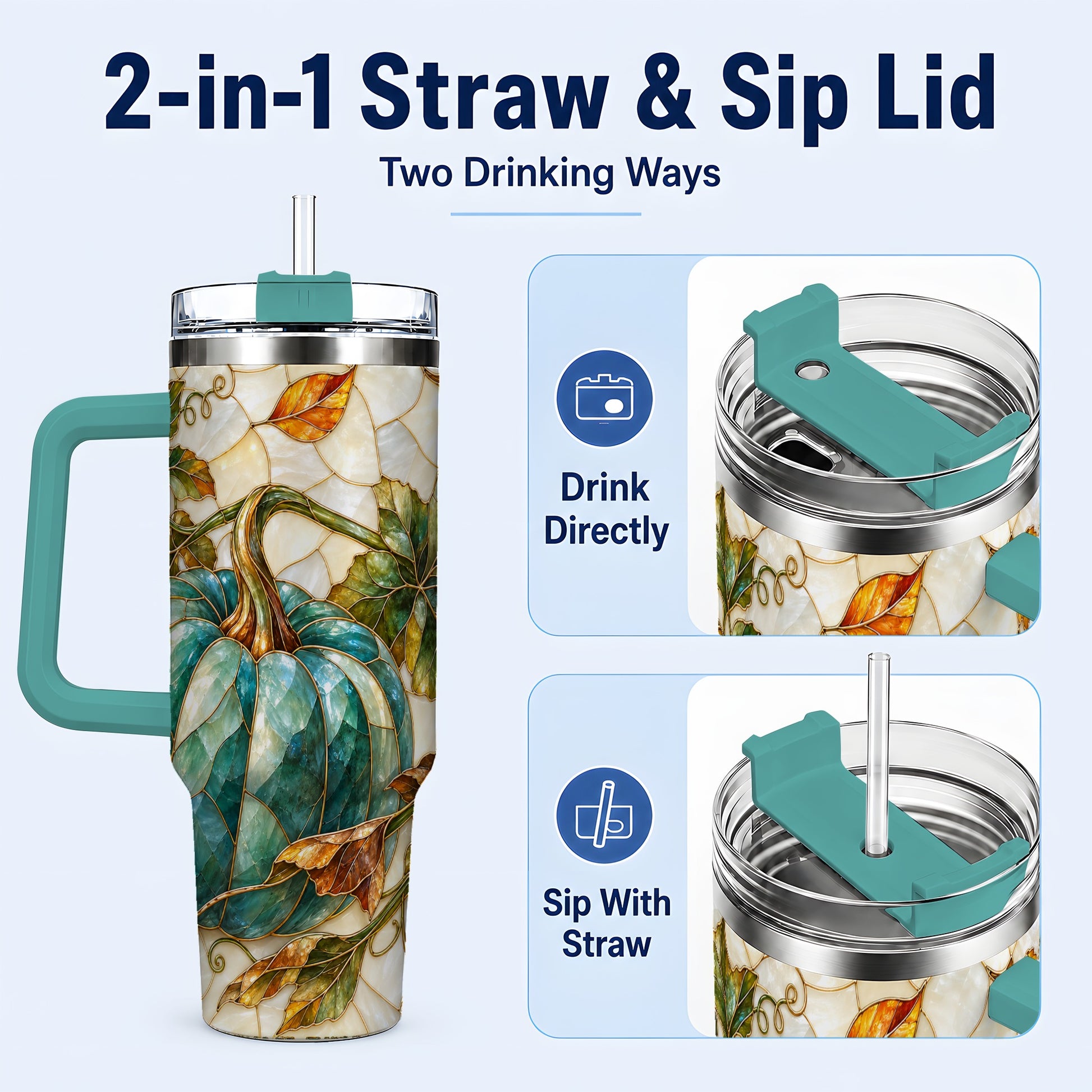 #pl[40oz|Green] Mosaic Pumpkin 40oz Tumbler with Handle, Fall Stainless Steel Travel Cup