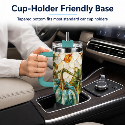 #pl[40oz|Green] Mosaic Pumpkin 40oz Tumbler with Handle, Fall Stainless Steel Travel Cup