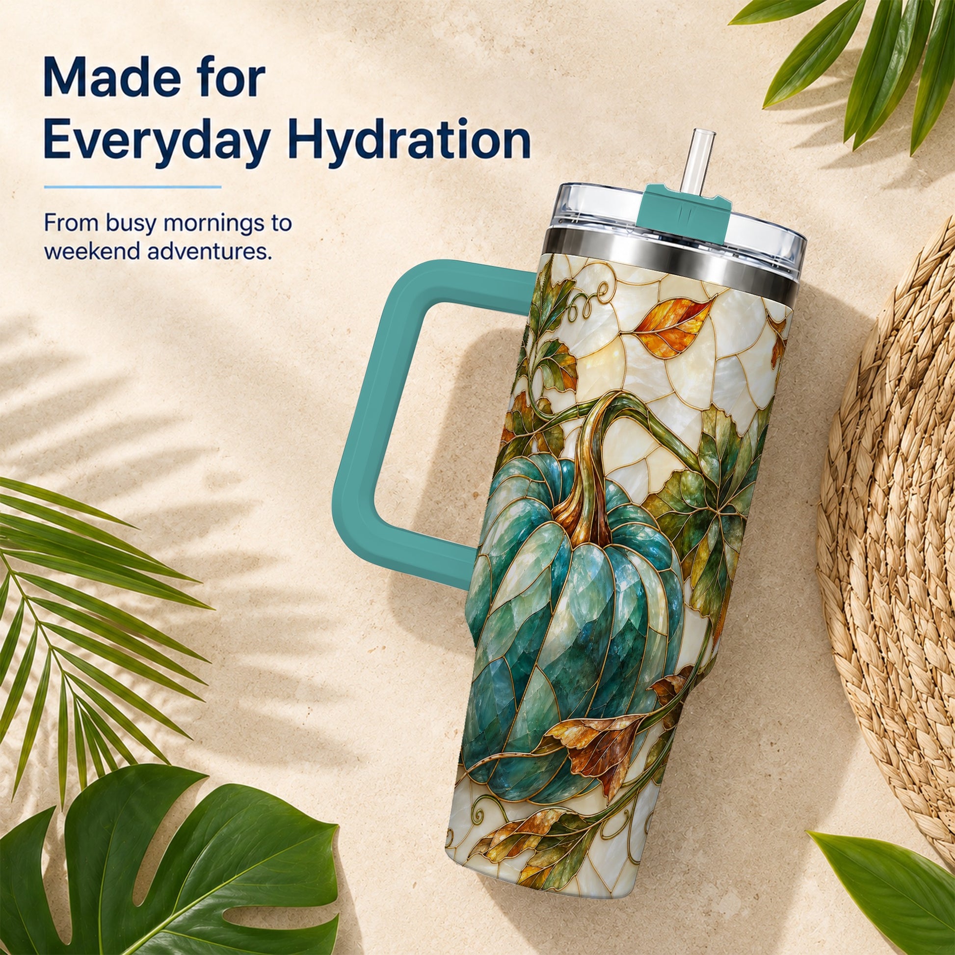 #pl[40oz|Green] Mosaic Pumpkin 40oz Tumbler with Handle, Fall Stainless Steel Travel Cup