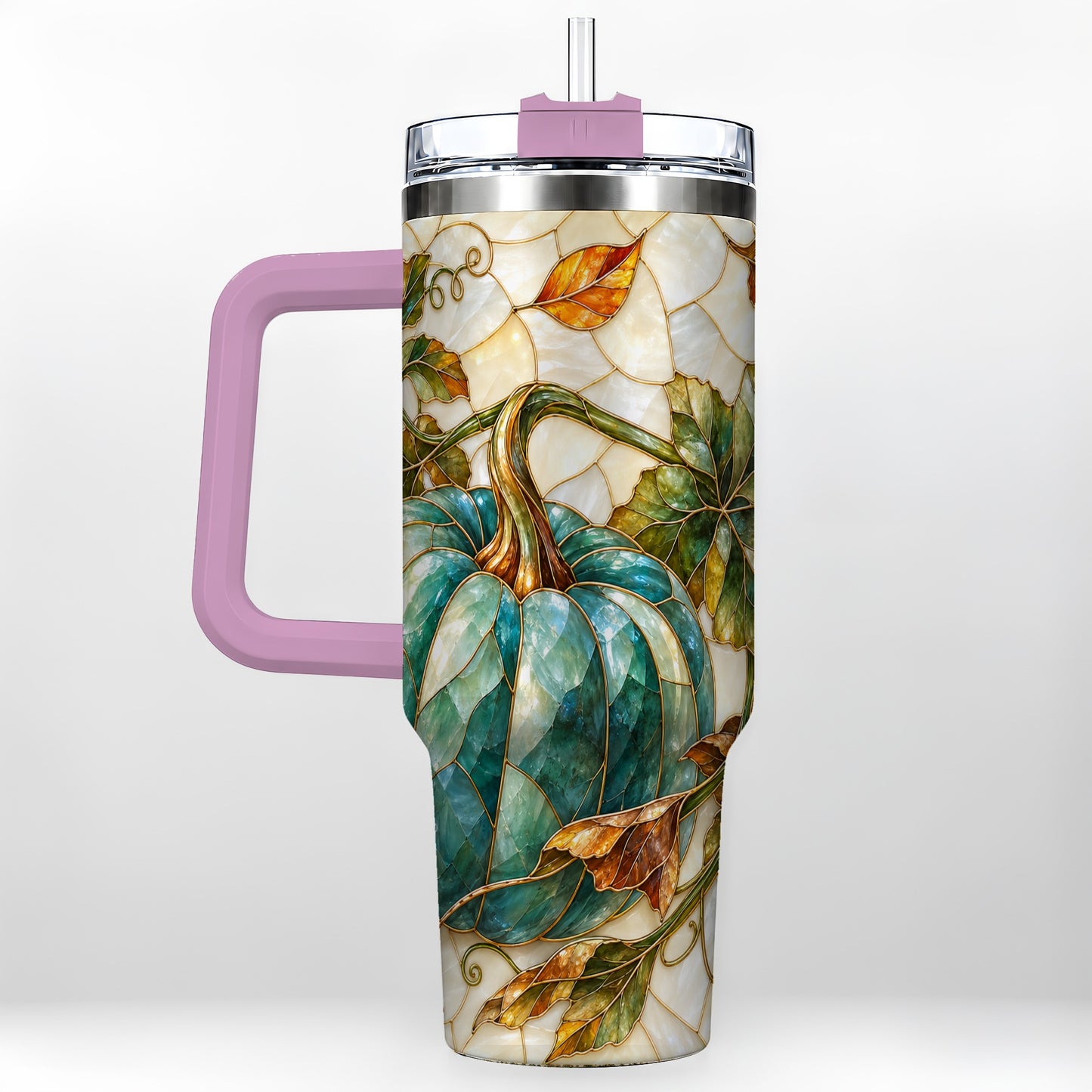 #pl[40oz|Pink] Mosaic Pumpkin 40oz Tumbler with Handle, Fall Stainless Steel Travel Cup