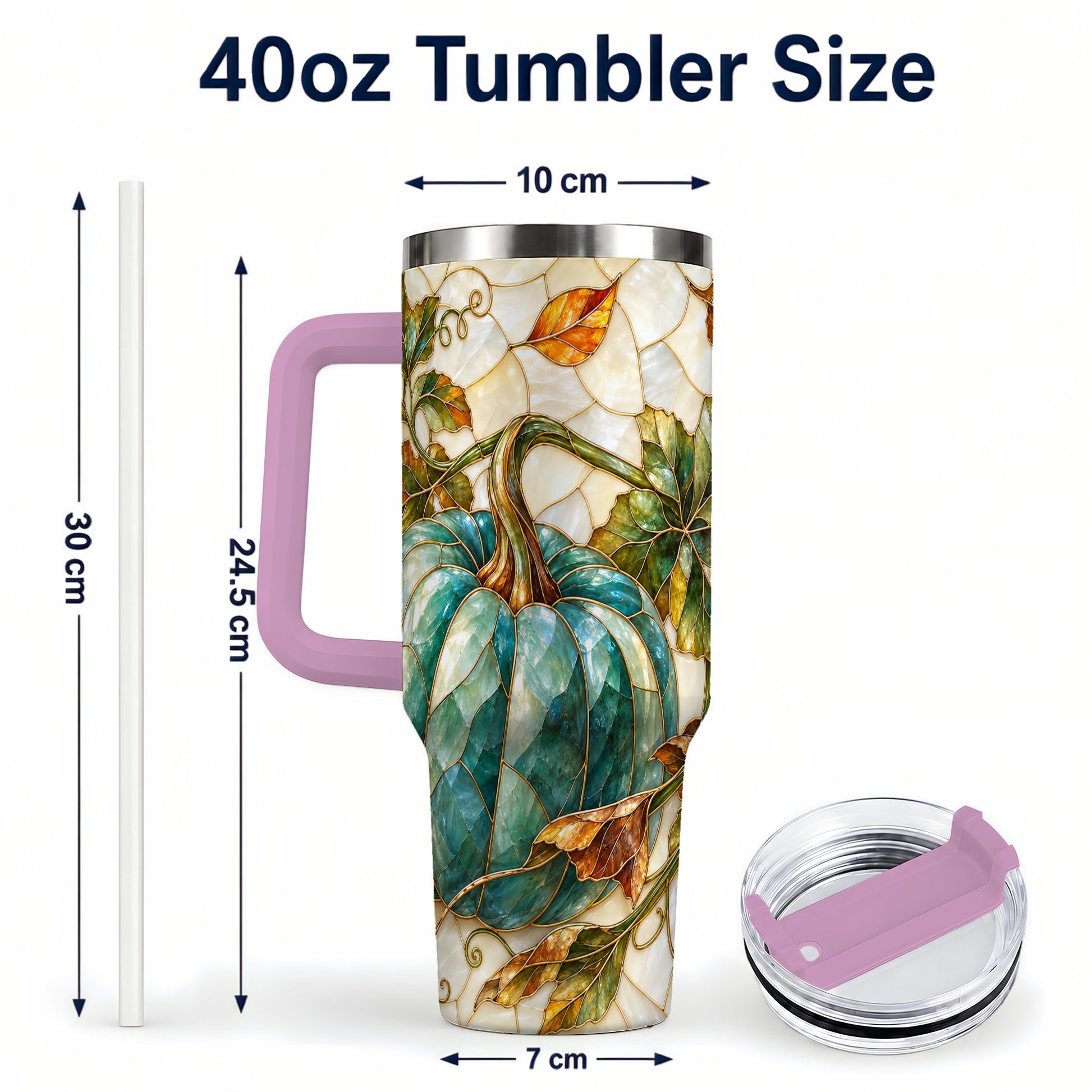 #pl[40oz|Pink] Mosaic Pumpkin 40oz Tumbler with Handle, Fall Stainless Steel Travel Cup