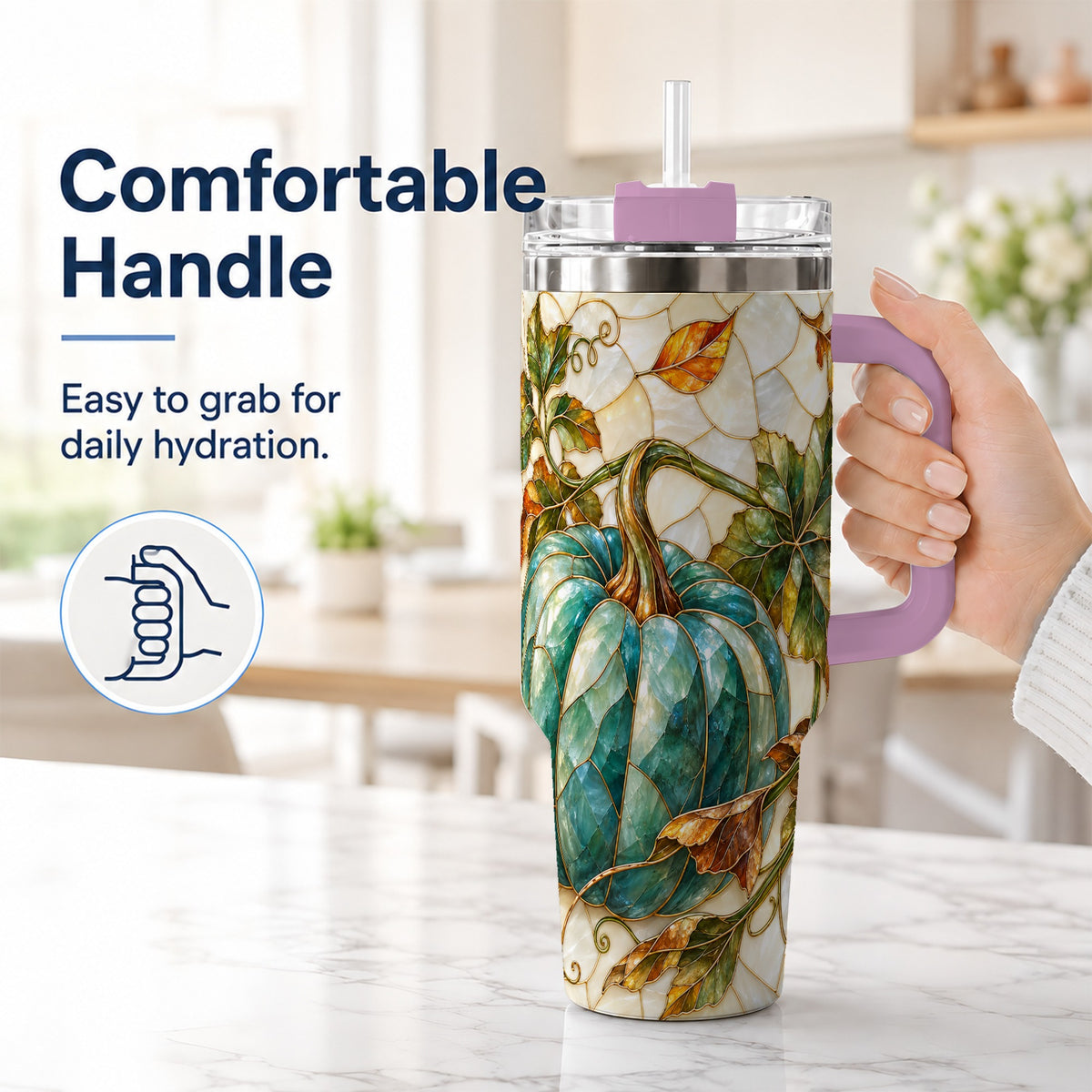 #pl[40oz|Pink] Mosaic Pumpkin 40oz Tumbler with Handle, Fall Stainless Steel Travel Cup
