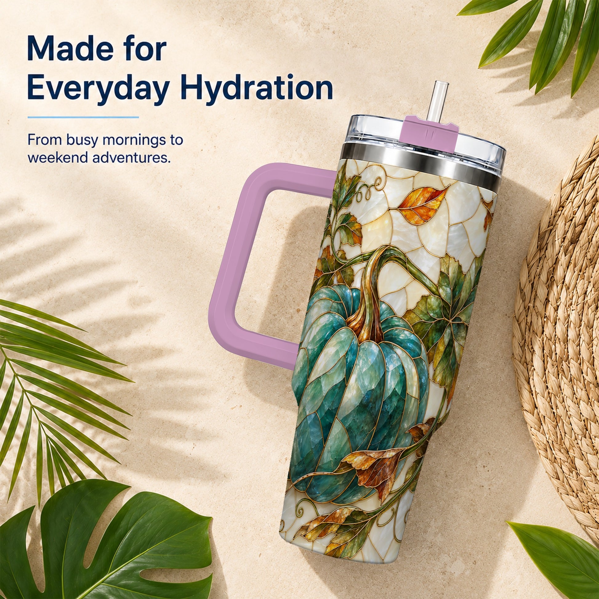 #pl[40oz|Pink] Mosaic Pumpkin 40oz Tumbler with Handle, Fall Stainless Steel Travel Cup
