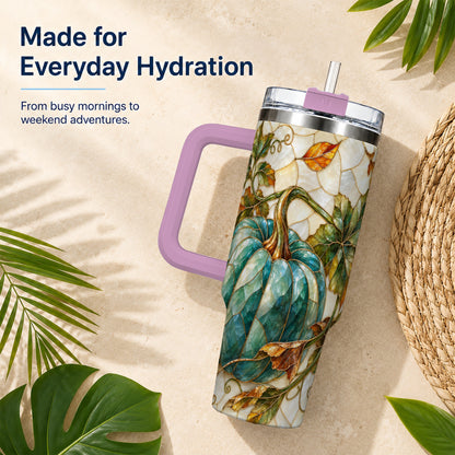 #pl[40oz|Pink] Mosaic Pumpkin 40oz Tumbler with Handle, Fall Stainless Steel Travel Cup