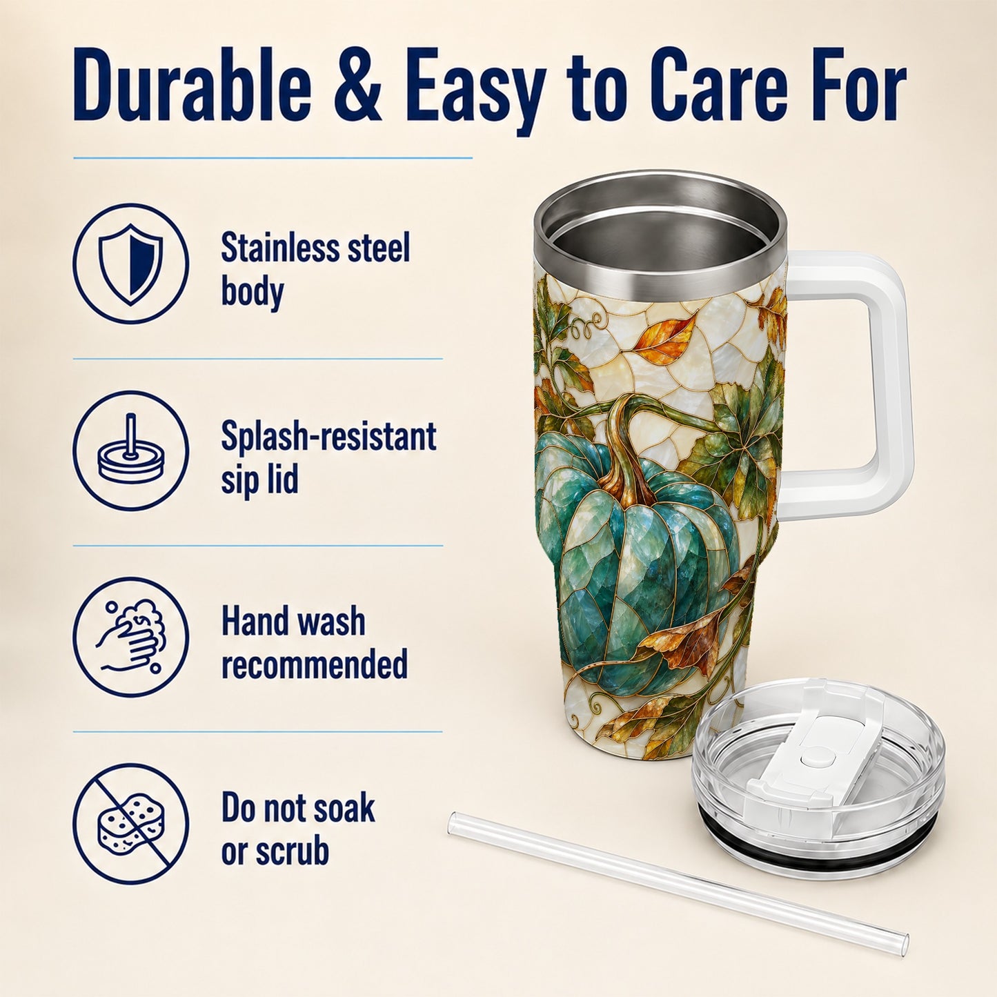 #pl[40oz|White] Mosaic Pumpkin 40oz Tumbler with Handle, Fall Stainless Steel Travel Cup