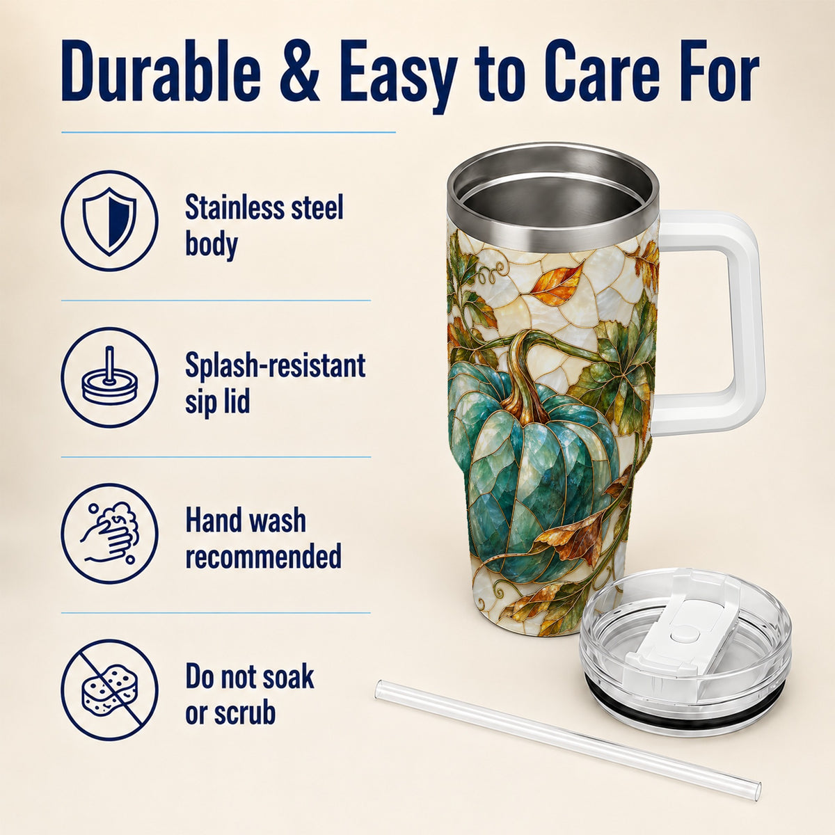 #pl[40oz|White] Mosaic Pumpkin 40oz Tumbler with Handle, Fall Stainless Steel Travel Cup