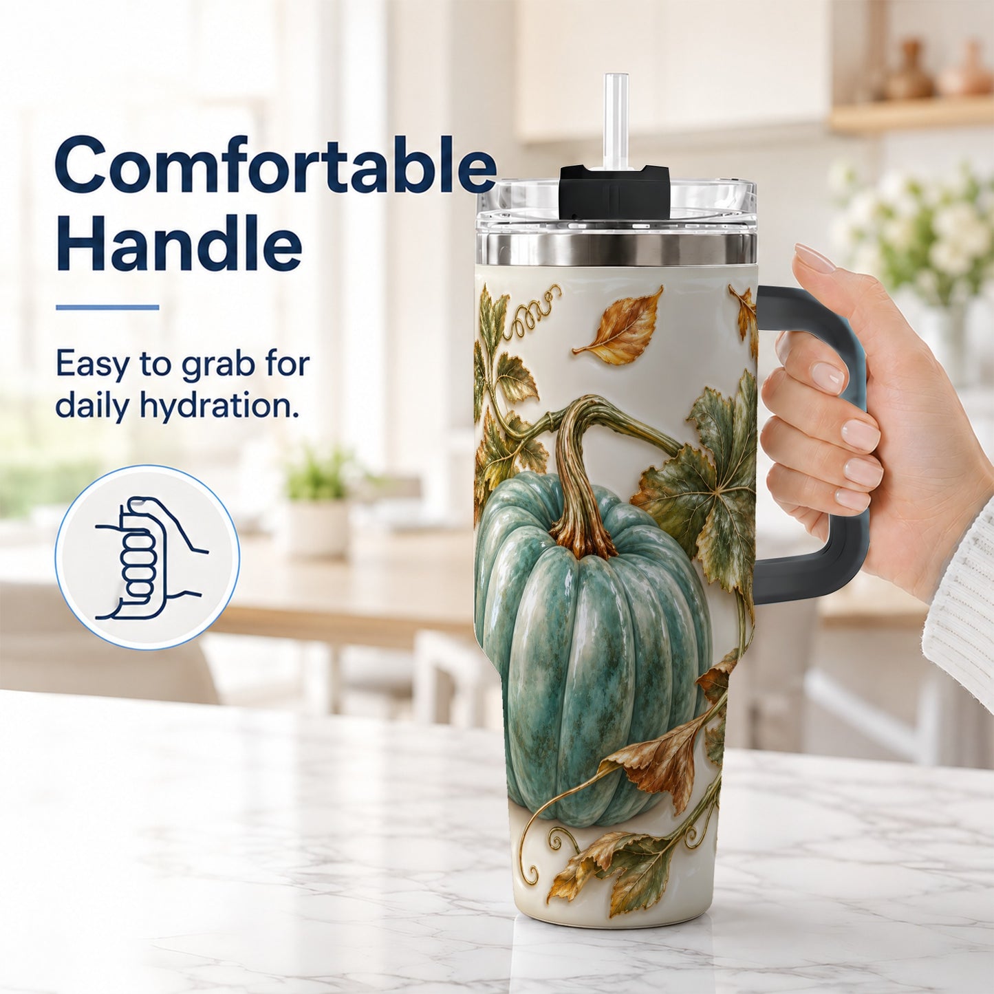 #pl[40oz|Black] Soft Pumpkin 40oz Tumbler with Handle, Fall Stainless Steel Travel Cup