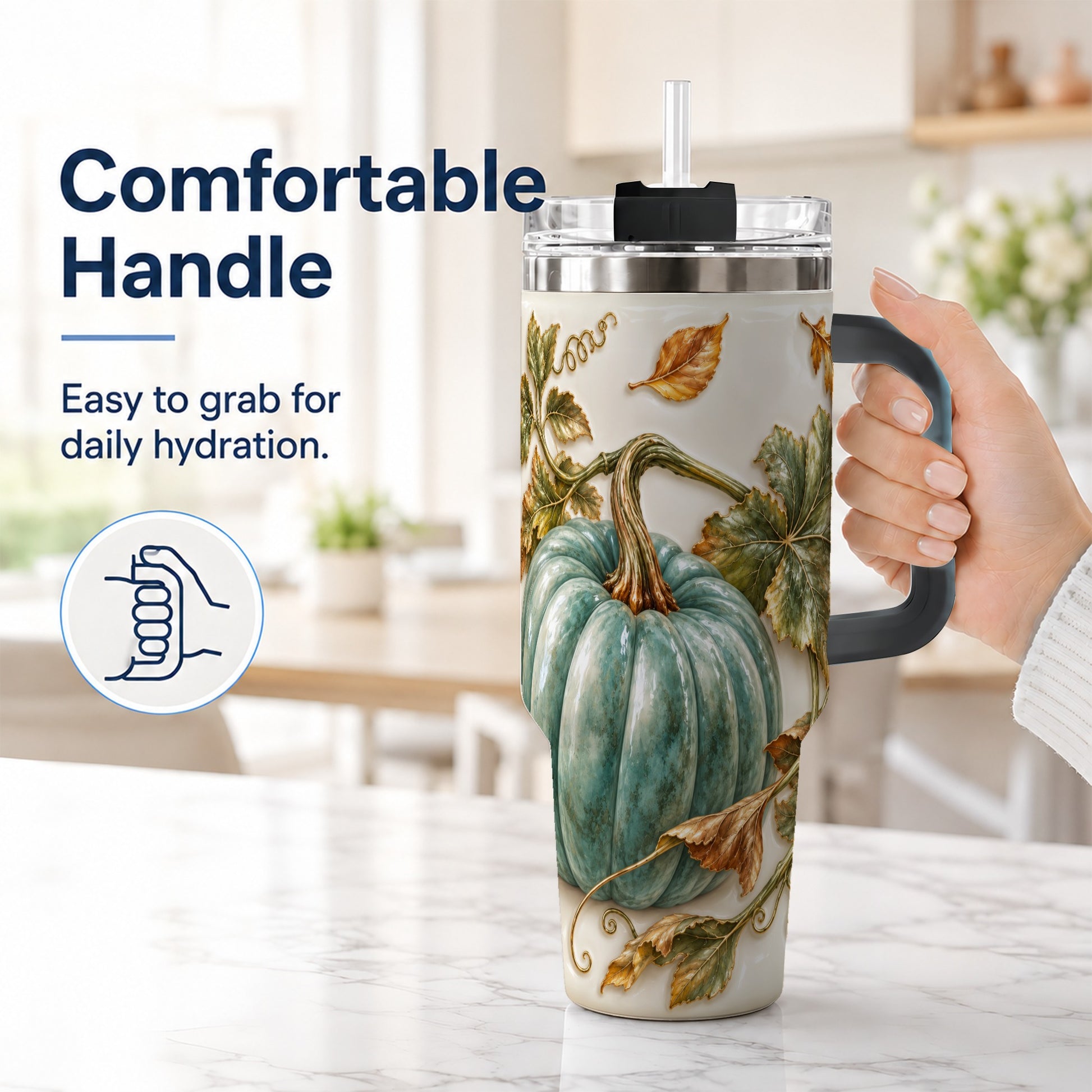 #pl[40oz|Black] Soft Pumpkin 40oz Tumbler with Handle, Fall Stainless Steel Travel Cup