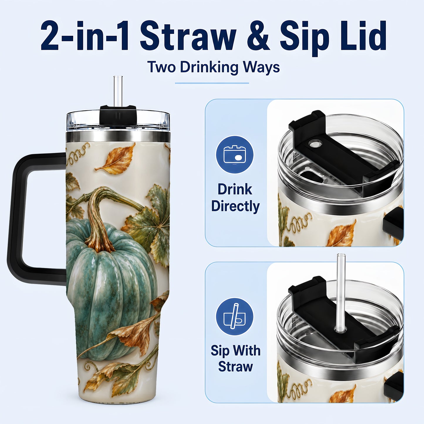 #pl[40oz|Black] Soft Pumpkin 40oz Tumbler with Handle, Fall Stainless Steel Travel Cup