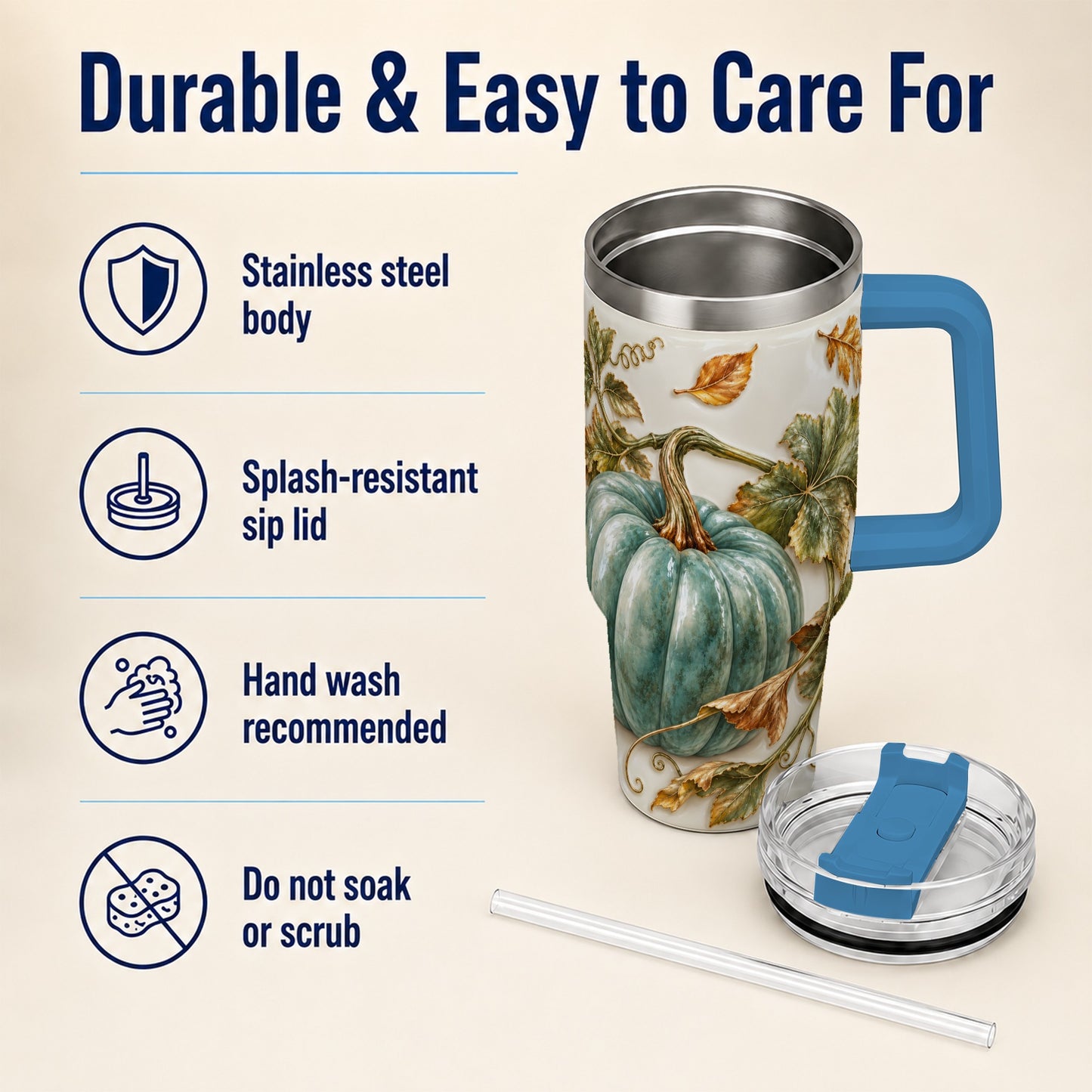 #pl[40oz|Blue] Soft Pumpkin 40oz Tumbler with Handle, Fall Stainless Steel Travel Cup
