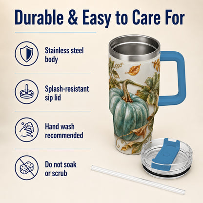 #pl[40oz|Blue] Soft Pumpkin 40oz Tumbler with Handle, Fall Stainless Steel Travel Cup