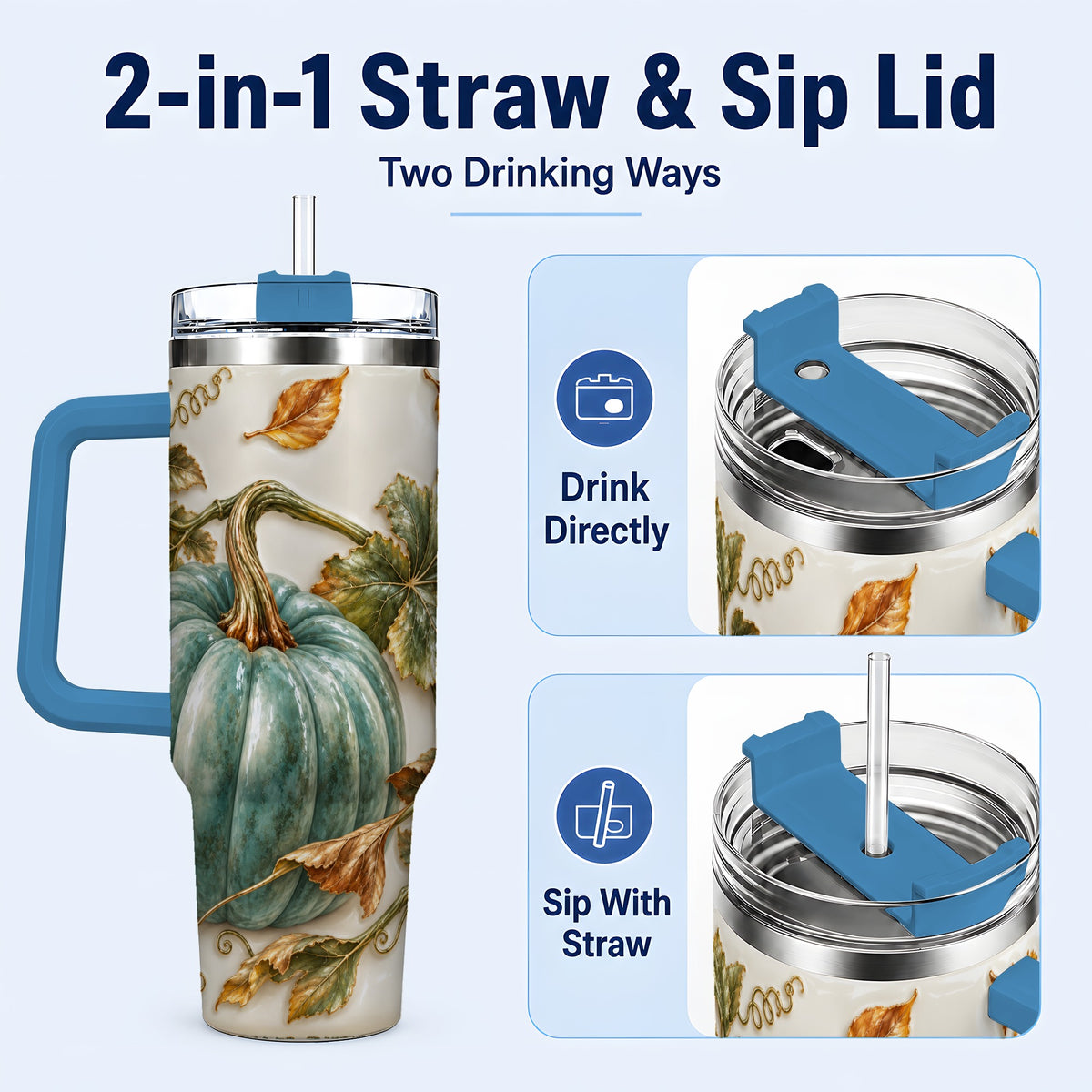 #pl[40oz|Blue] Soft Pumpkin 40oz Tumbler with Handle, Fall Stainless Steel Travel Cup
