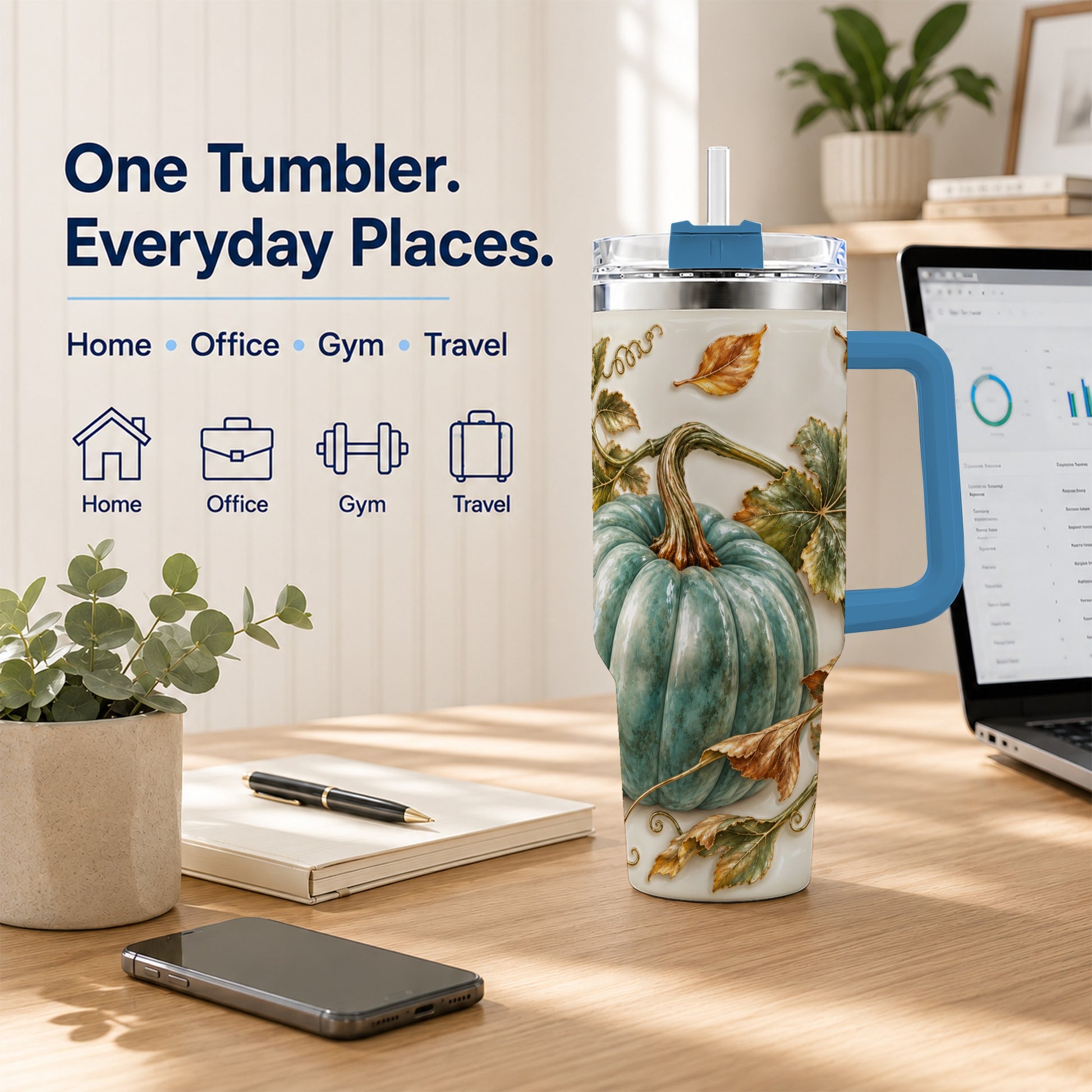 #pl[40oz|Blue] Soft Pumpkin 40oz Tumbler with Handle, Fall Stainless Steel Travel Cup