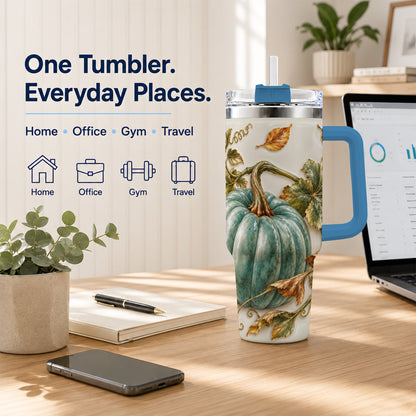 #pl[40oz|Blue] Soft Pumpkin 40oz Tumbler with Handle, Fall Stainless Steel Travel Cup