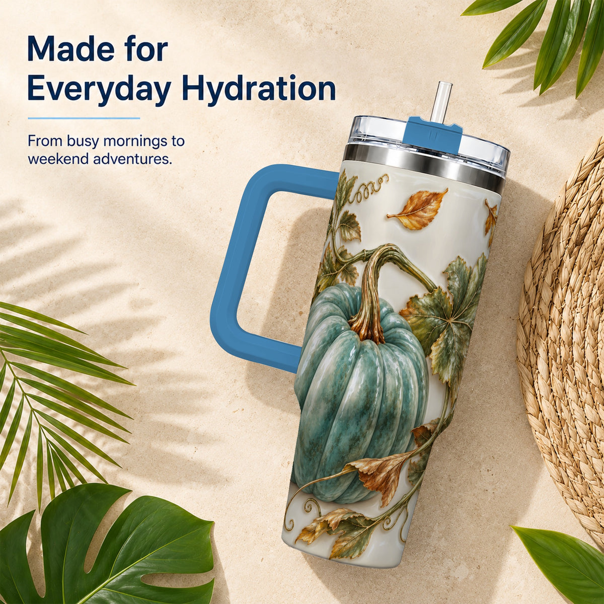 #pl[40oz|Blue] Soft Pumpkin 40oz Tumbler with Handle, Fall Stainless Steel Travel Cup