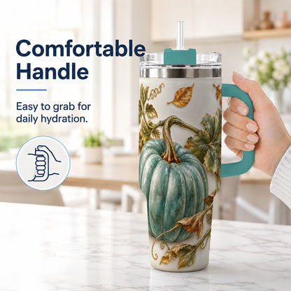#pl[40oz|Green] Soft Pumpkin 40oz Tumbler with Handle, Fall Stainless Steel Travel Cup