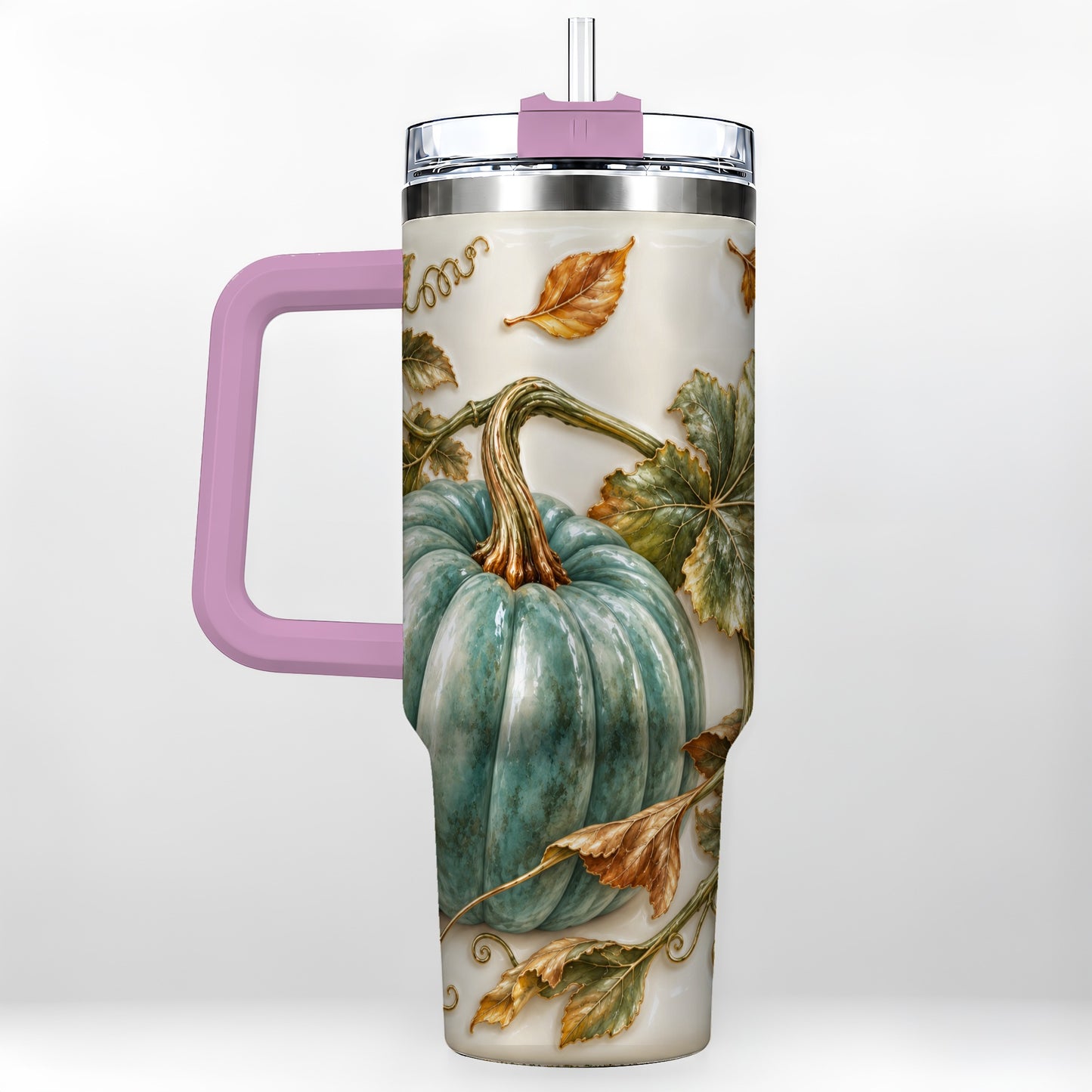 #pl[40oz|Pink] Soft Pumpkin 40oz Tumbler with Handle, Fall Stainless Steel Travel Cup