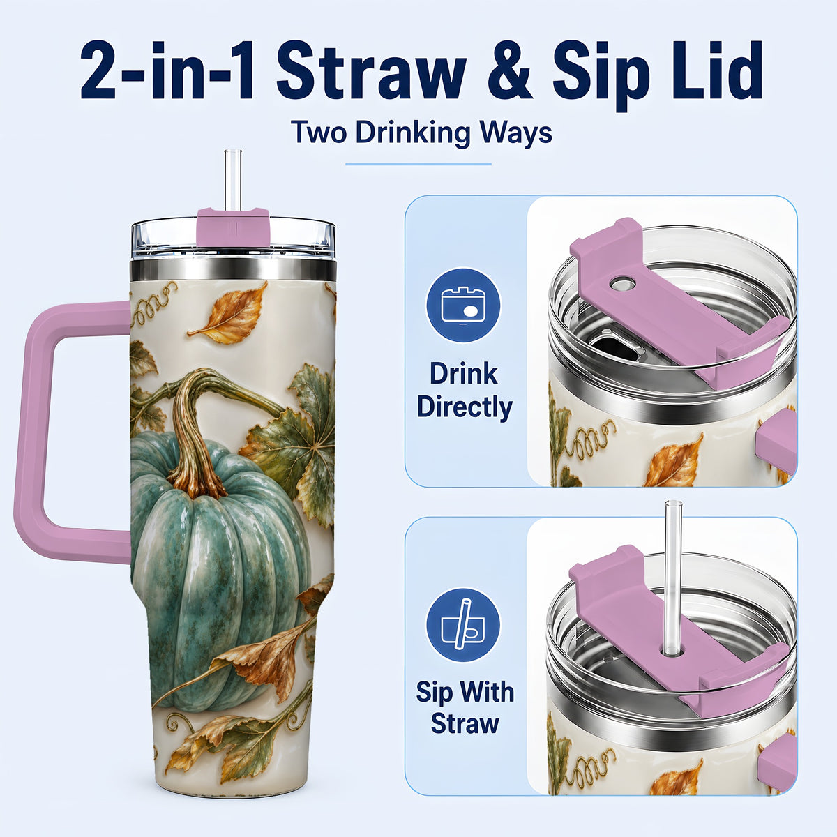 #pl[40oz|Pink] Soft Pumpkin 40oz Tumbler with Handle, Fall Stainless Steel Travel Cup