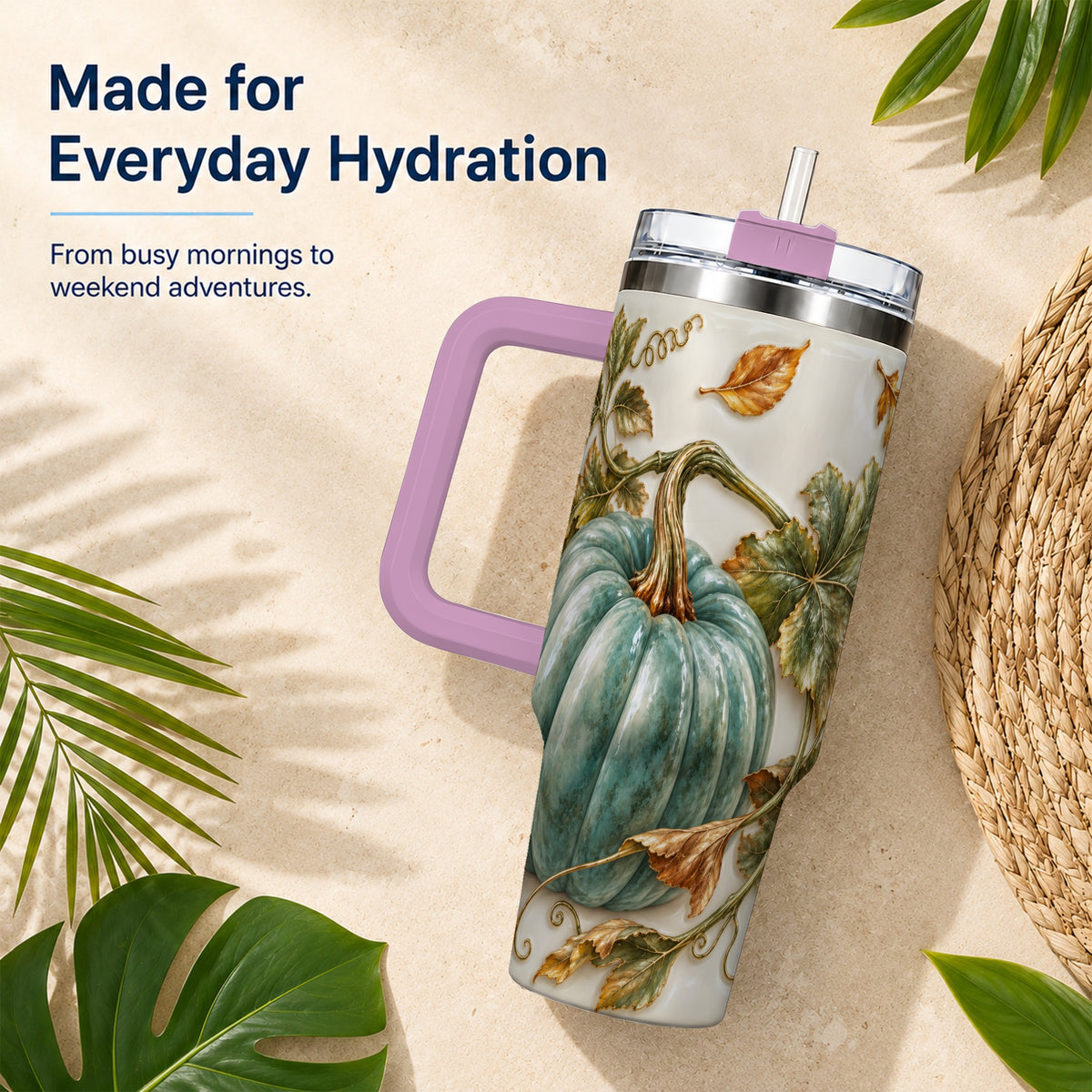 #pl[40oz|Pink] Soft Pumpkin 40oz Tumbler with Handle, Fall Stainless Steel Travel Cup