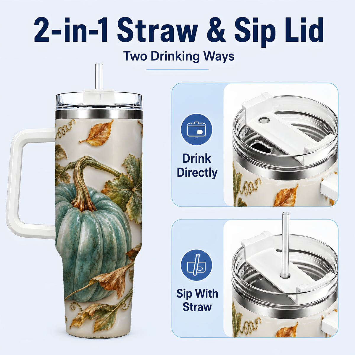 #pl[40oz|White] Soft Pumpkin 40oz Tumbler with Handle, Fall Stainless Steel Travel Cup