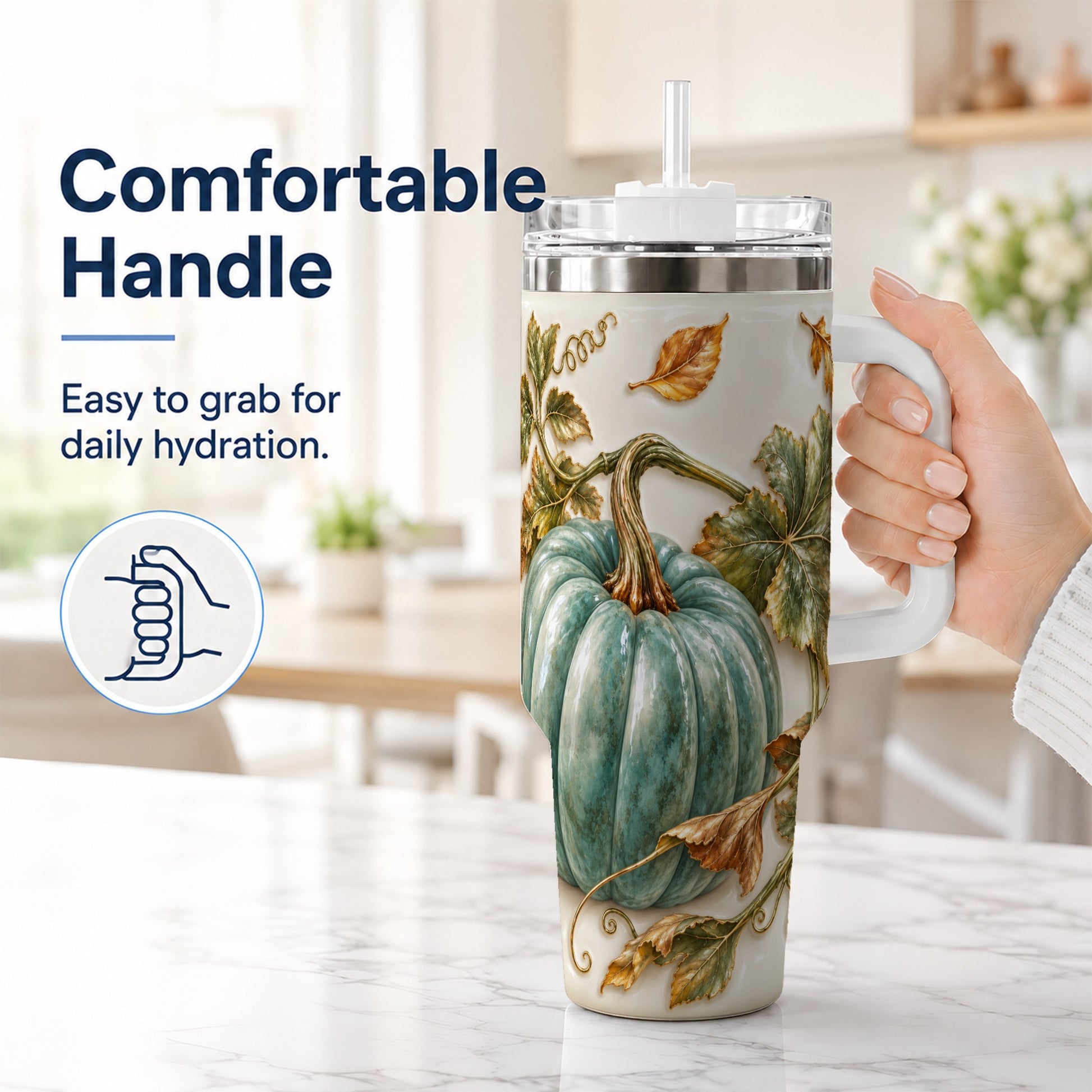 #pl[40oz|White] Soft Pumpkin 40oz Tumbler with Handle, Fall Stainless Steel Travel Cup
