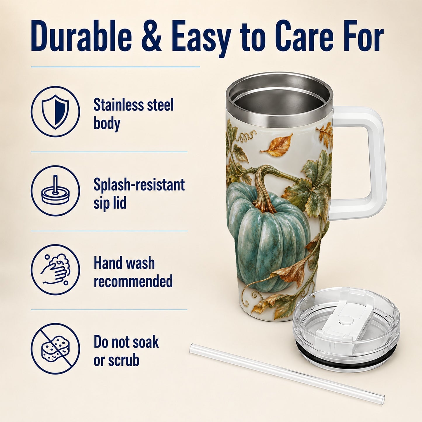 #pl[40oz|White] Soft Pumpkin 40oz Tumbler with Handle, Fall Stainless Steel Travel Cup