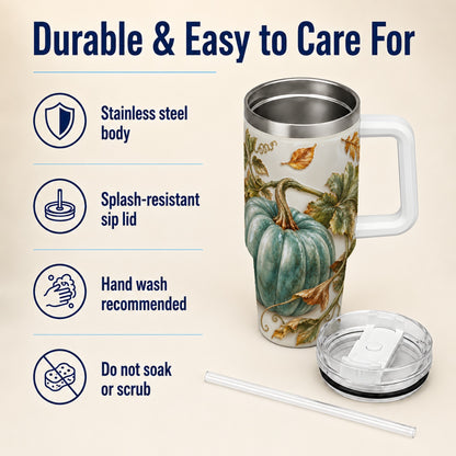 #pl[40oz|White] Soft Pumpkin 40oz Tumbler with Handle, Fall Stainless Steel Travel Cup