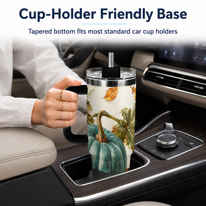 #pl[40oz|Black] Painterly Pumpkin 40oz Tumbler with Handle, Fall Stainless Steel Travel Cup