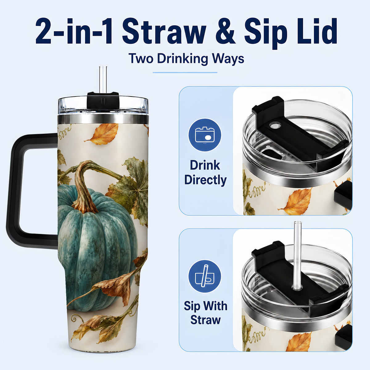 #pl[40oz|Black] Painterly Pumpkin 40oz Tumbler with Handle, Fall Stainless Steel Travel Cup