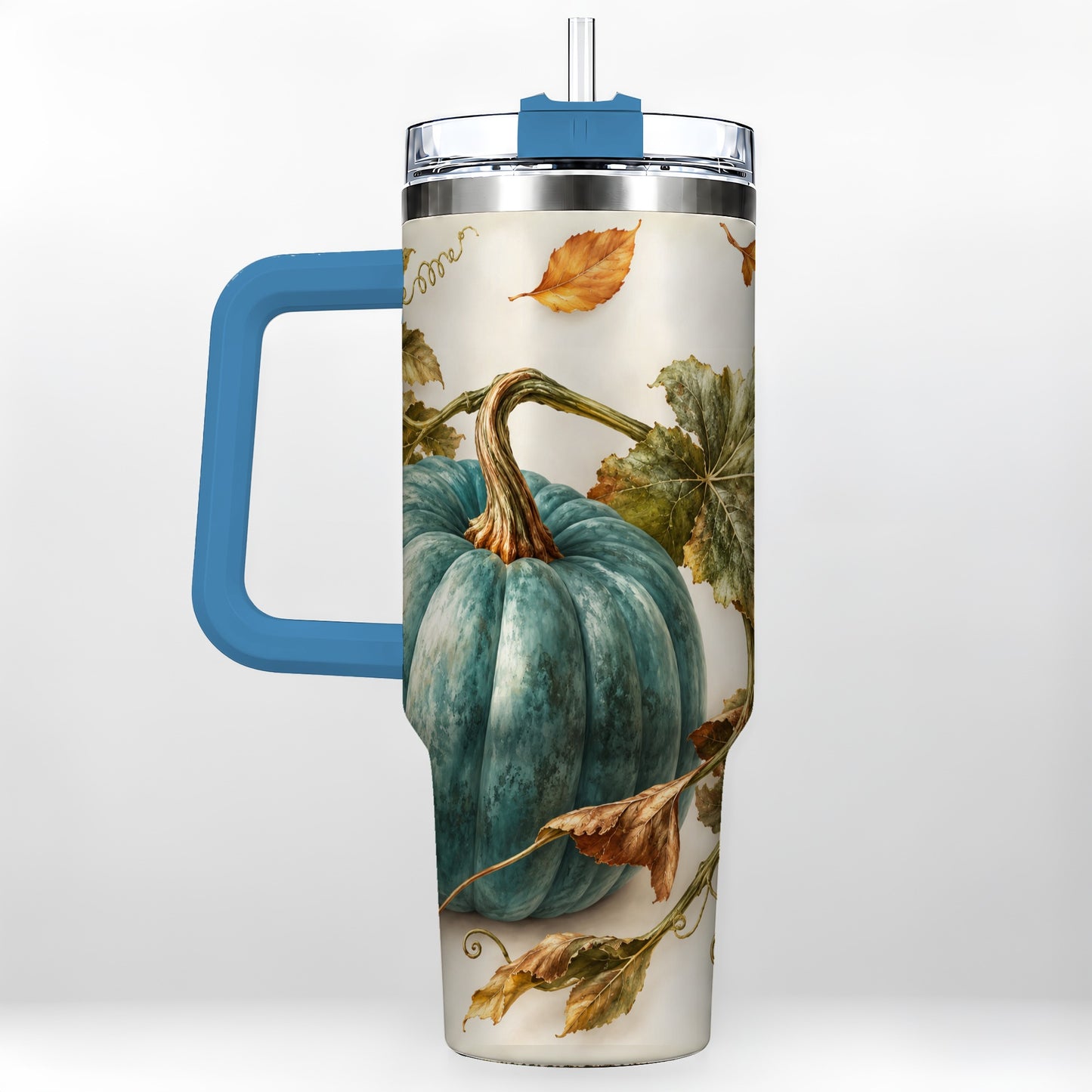 #pl[40oz|Blue] Painterly Pumpkin 40oz Tumbler with Handle, Fall Stainless Steel Travel Cup