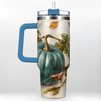 #pl[40oz|Blue] Painterly Pumpkin 40oz Tumbler with Handle, Fall Stainless Steel Travel Cup