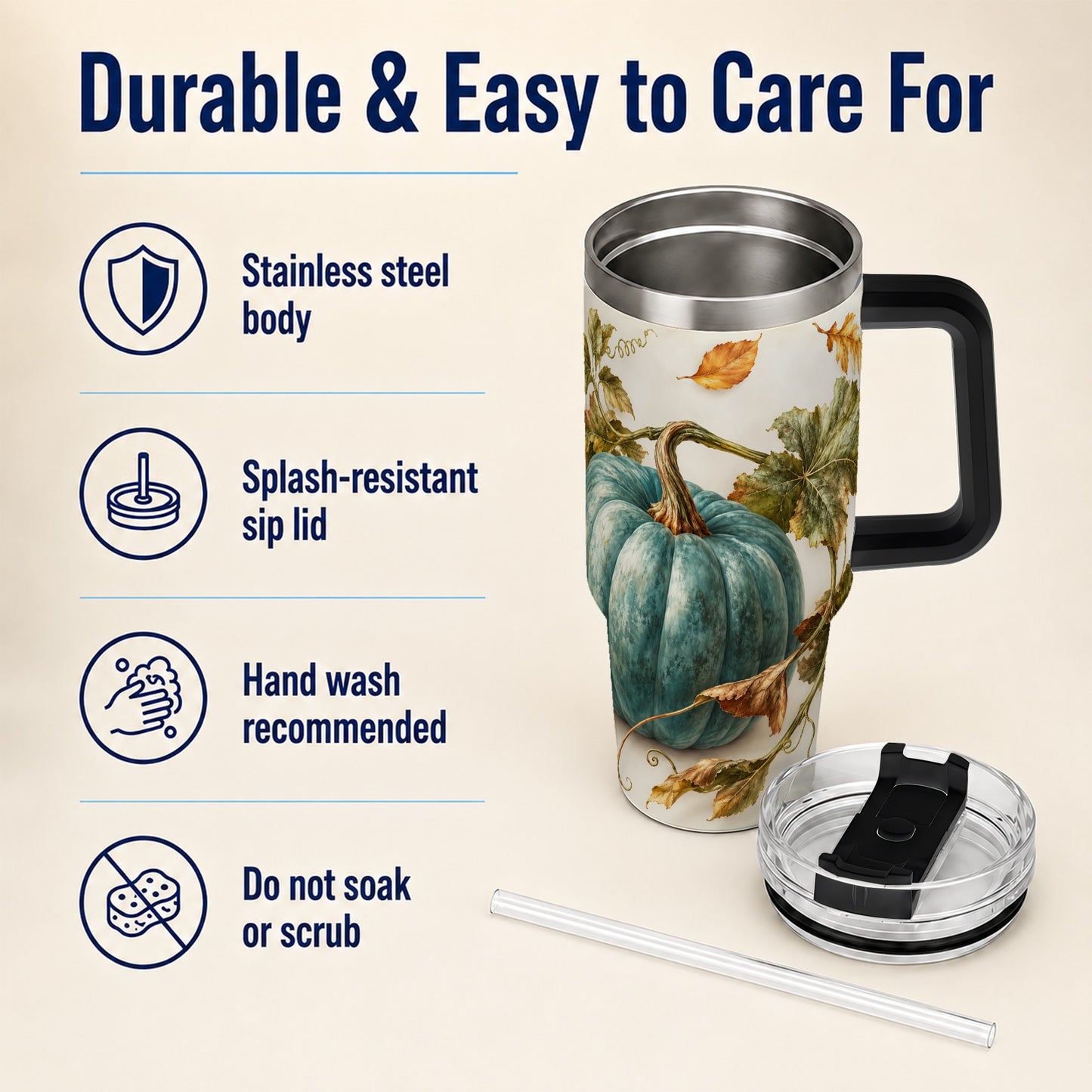 #pl[40oz|Black] Painterly Pumpkin 40oz Tumbler with Handle, Fall Stainless Steel Travel Cup