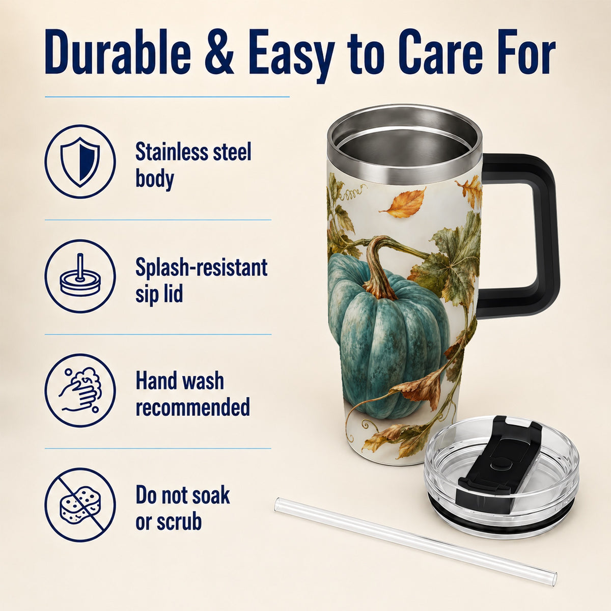 #pl[40oz|Black] Painterly Pumpkin 40oz Tumbler with Handle, Fall Stainless Steel Travel Cup