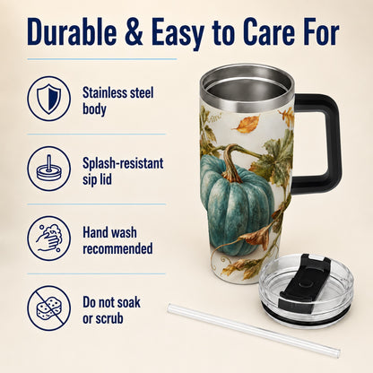 #pl[40oz|Black] Painterly Pumpkin 40oz Tumbler with Handle, Fall Stainless Steel Travel Cup