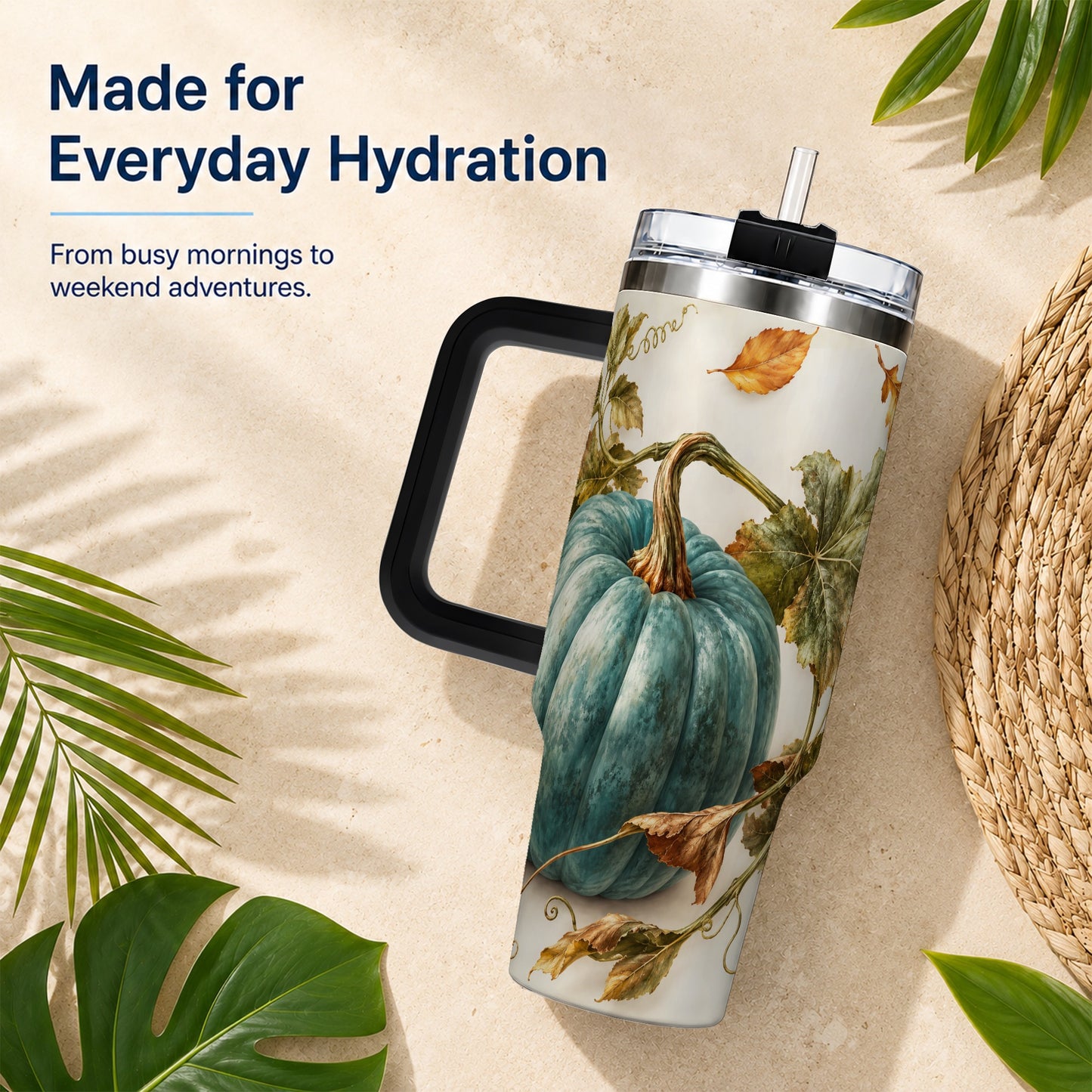 #pl[40oz|Black] Painterly Pumpkin 40oz Tumbler with Handle, Fall Stainless Steel Travel Cup