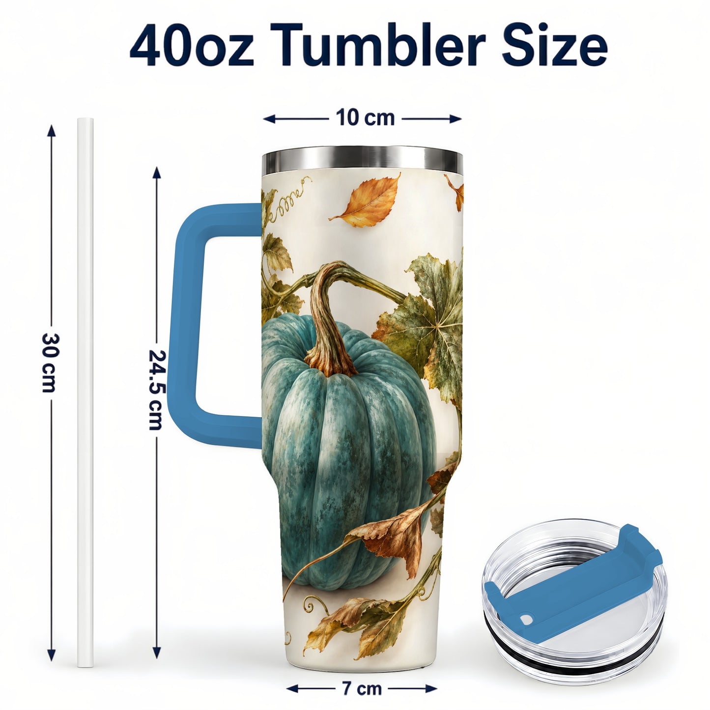 #pl[40oz|Blue] Painterly Pumpkin 40oz Tumbler with Handle, Fall Stainless Steel Travel Cup