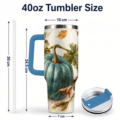 #pl[40oz|Blue] Painterly Pumpkin 40oz Tumbler with Handle, Fall Stainless Steel Travel Cup