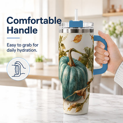 #pl[40oz|Blue] Painterly Pumpkin 40oz Tumbler with Handle, Fall Stainless Steel Travel Cup