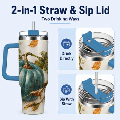 #pl[40oz|Blue] Painterly Pumpkin 40oz Tumbler with Handle, Fall Stainless Steel Travel Cup