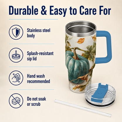 #pl[40oz|Blue] Painterly Pumpkin 40oz Tumbler with Handle, Fall Stainless Steel Travel Cup