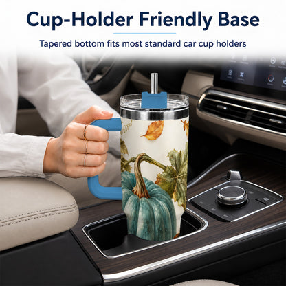 #pl[40oz|Blue] Painterly Pumpkin 40oz Tumbler with Handle, Fall Stainless Steel Travel Cup