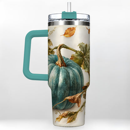 #pl[40oz|Green] Painterly Pumpkin 40oz Tumbler with Handle, Fall Stainless Steel Travel Cup