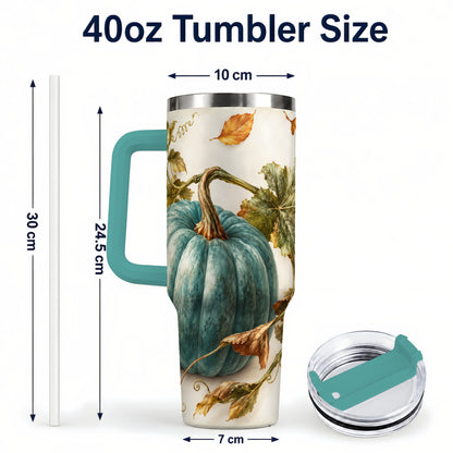 #pl[40oz|Green] Painterly Pumpkin 40oz Tumbler with Handle, Fall Stainless Steel Travel Cup